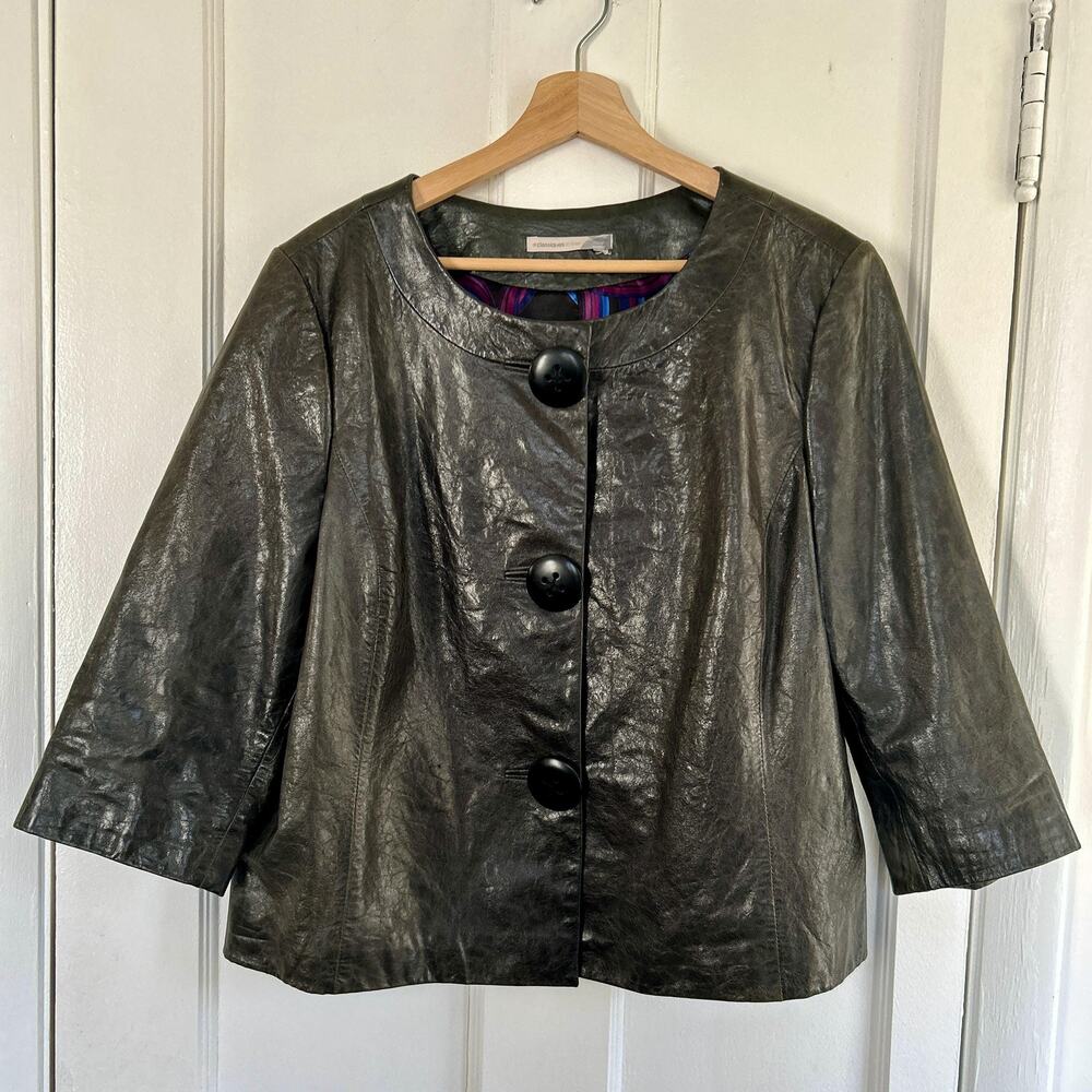 Y2K Boxy Leather Jacket M/L| Dark Gray Black Vintage Coat | 2000s Outerwear